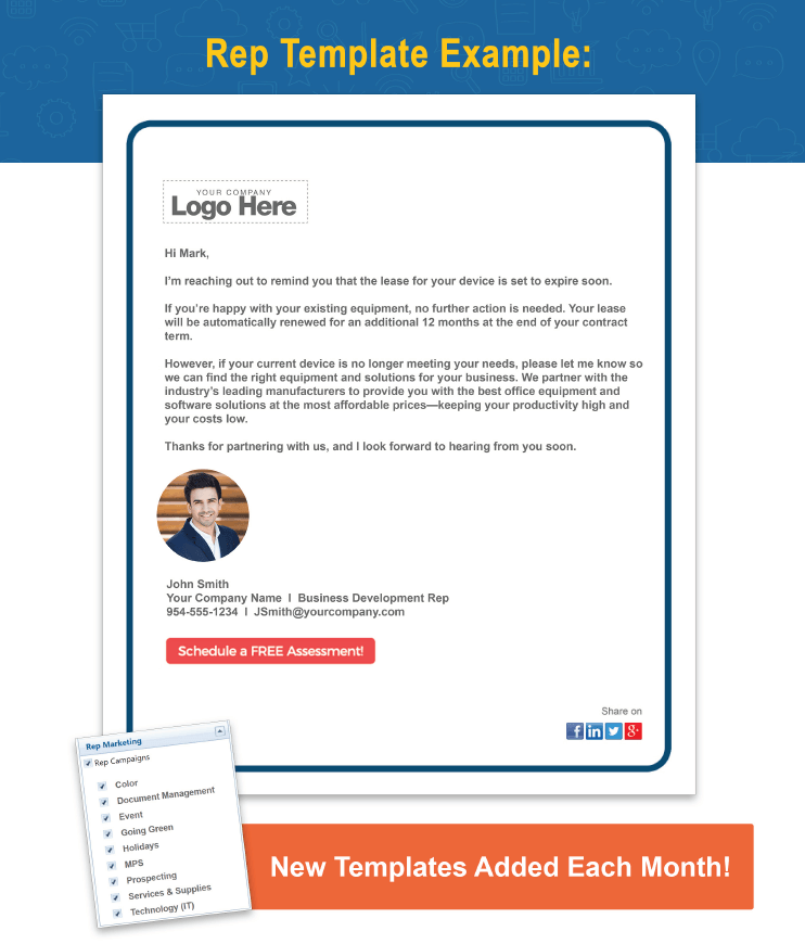 An example of an Evolved Office Rep Template email and corresponding email marketing topic categories, like Managed Print, Managed IT, and more.