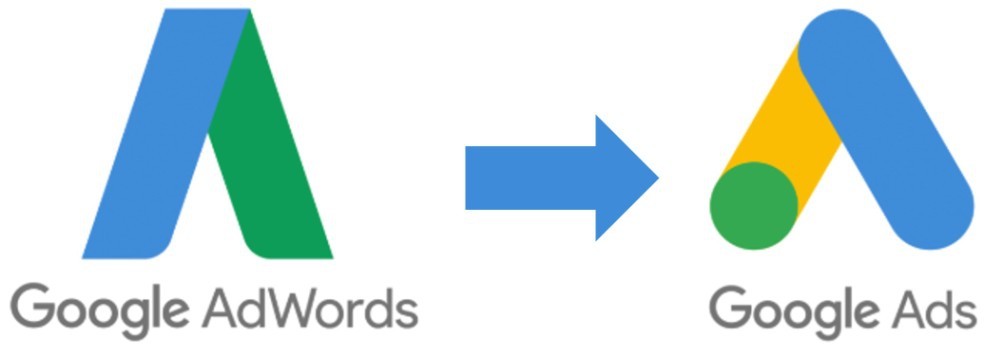 Google AdWords logo on left with arrow pointing to Google Ads logo on right