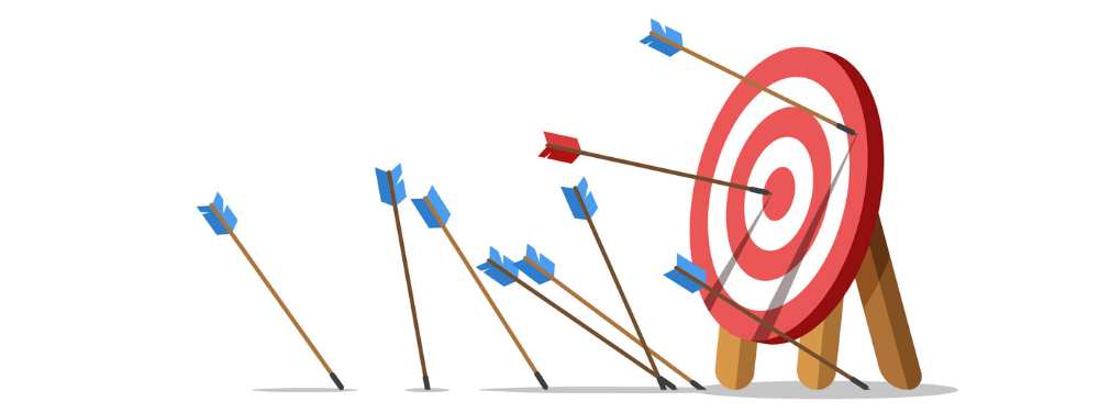 A rendering of a target with eight blue arrows missing the mark and only one red arrow hitting the target symbolizing marketing blunders.